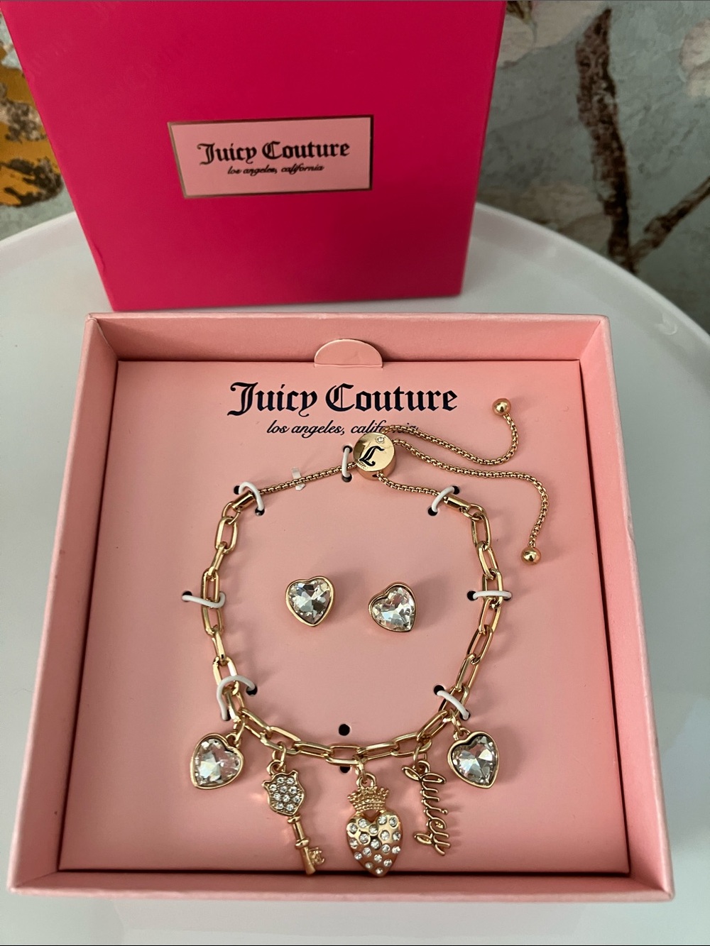 NWT Juicy Couture Chainlink Adjustable Bracelet Clear CZ Hearts & Stud Earrings